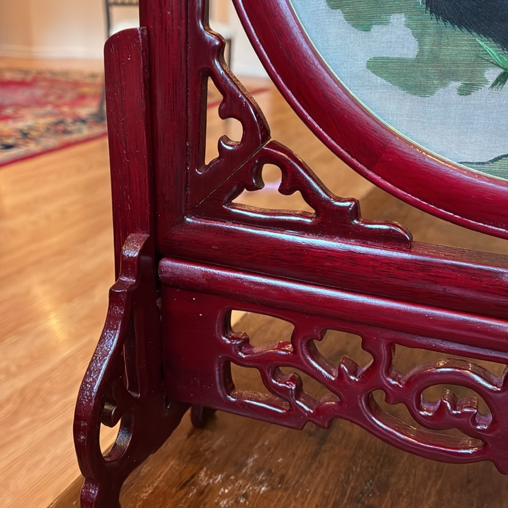 Vintage Table Screen with Silk Panda Embroidery - Burgundy Frame - Picture 3 of 15